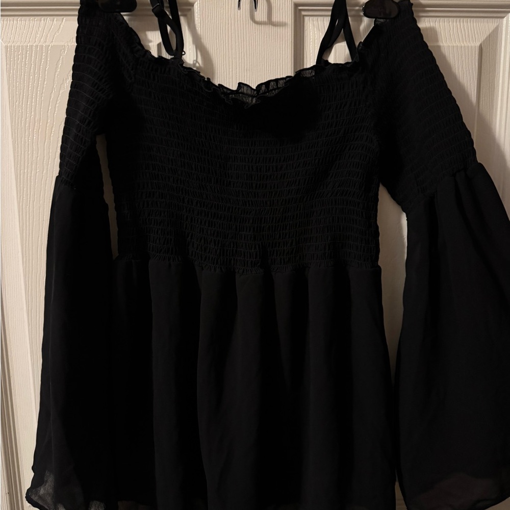 Black Smocked Off-Shoulder Peasant Blouse